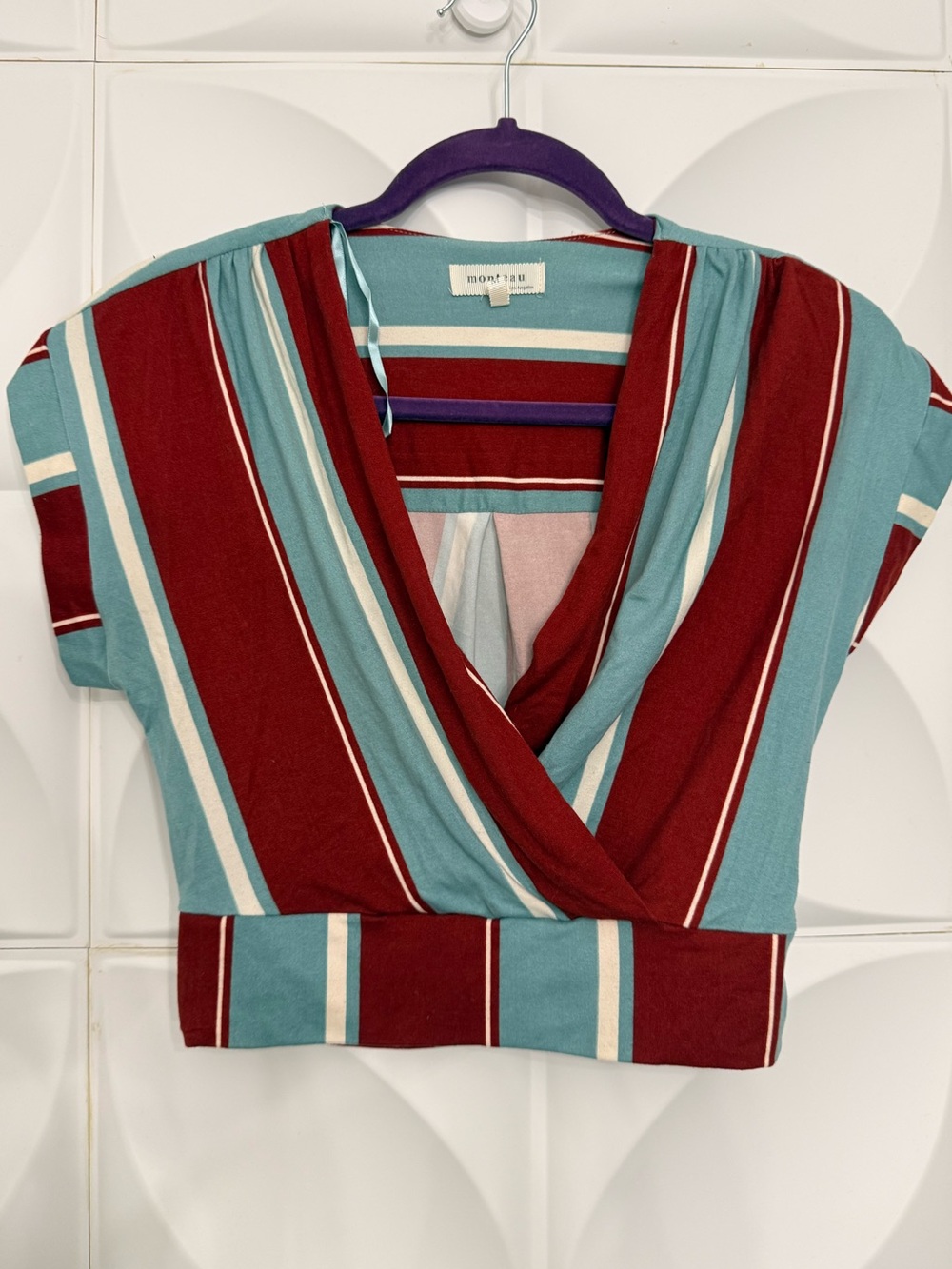 Monteau Striped Wrap Crop Top in Teal and Burgundy